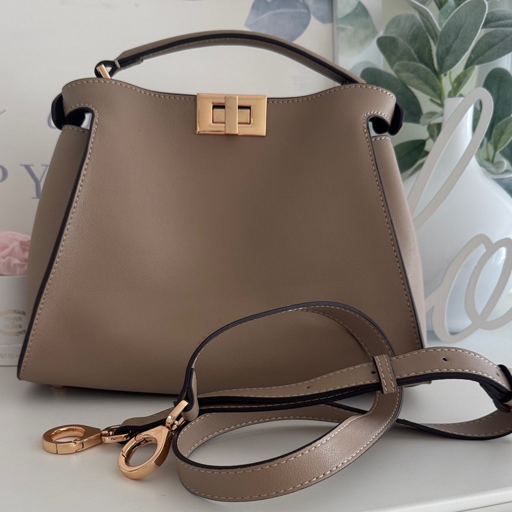 Taupe Structured Top-Handle Satchel with Gold Turn-Lock - Picture 12 of 16